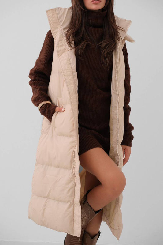 Quilted Brown Maxi Vest With Hood