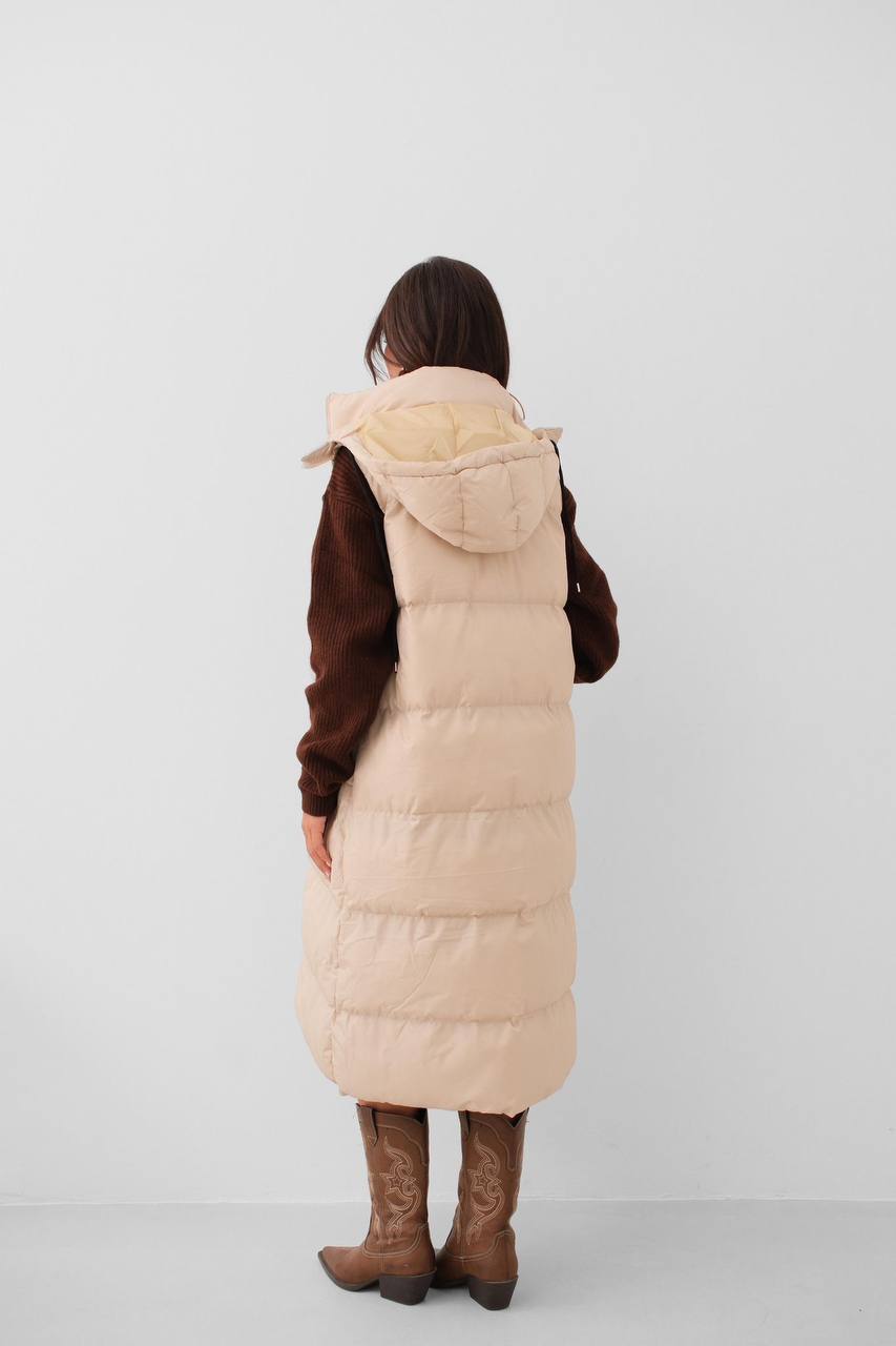 Quilted Brown Maxi Vest With Hood