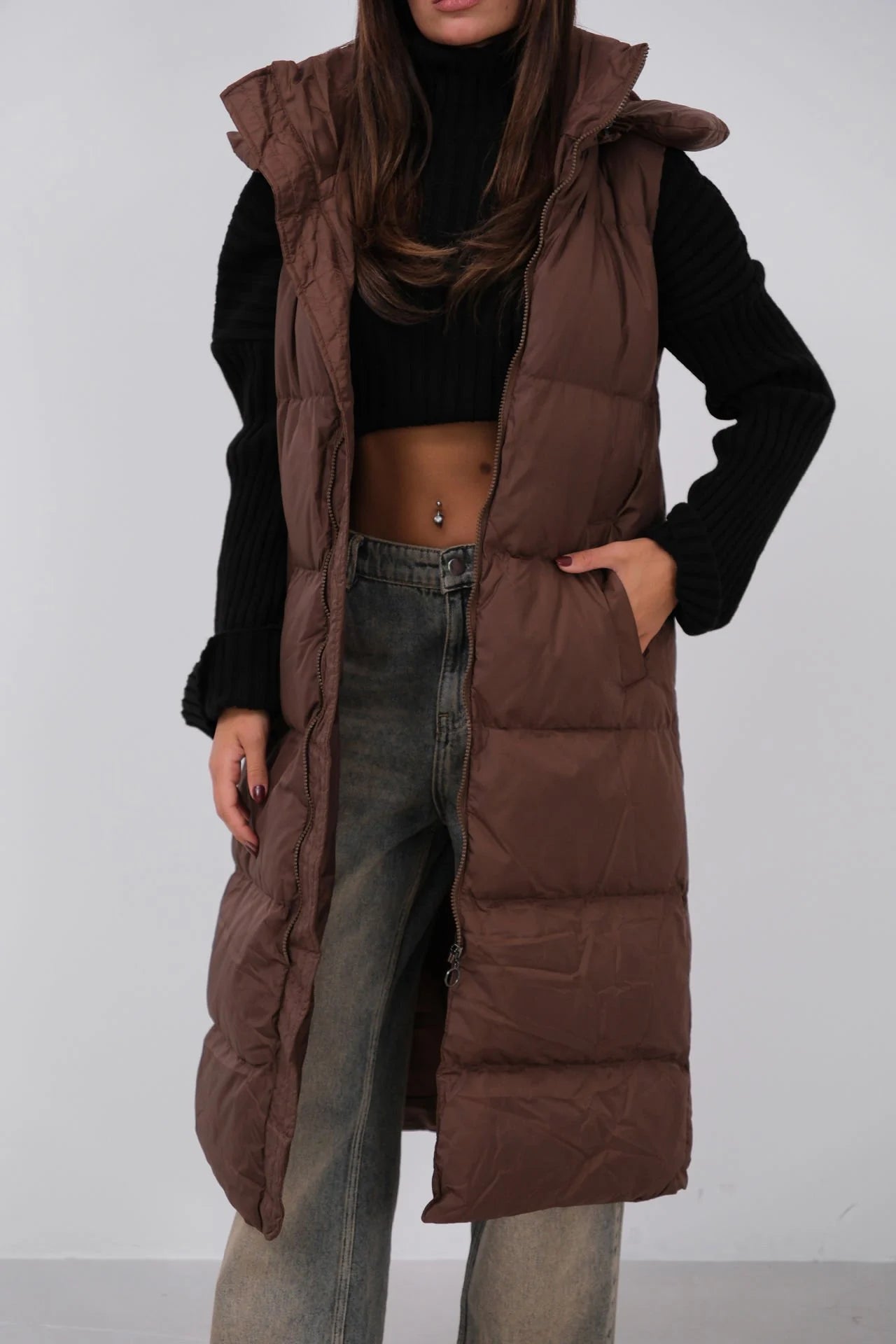 Quilted Brown Maxi Vest With Hood